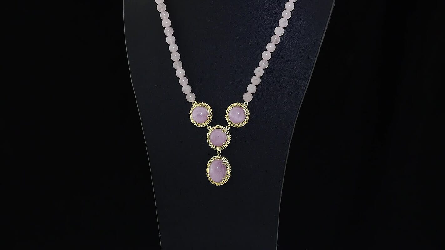 EverTrue Kunzite and Rose Quartz 88.90 ctw Open Filligree Work Necklace in 18K YG Plated 18 Inches