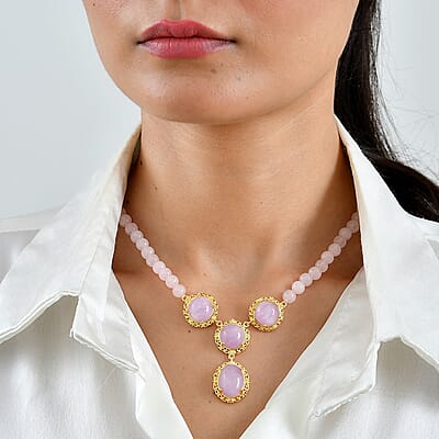 EverTrue Kunzite and Rose Quartz 88.90 ctw Open Filligree Work Necklace in 18K YG Plated 18 Inches
