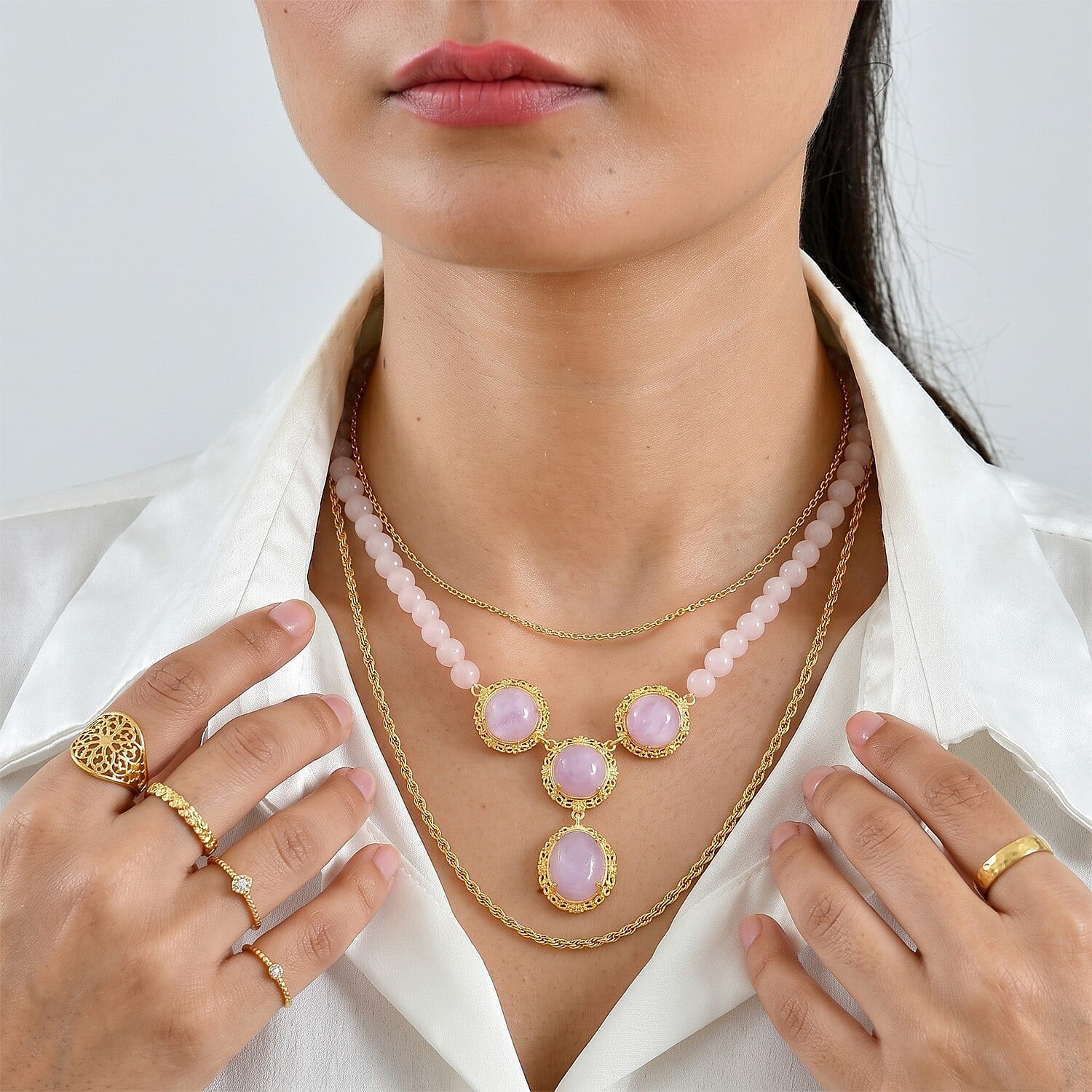 EverTrue Kunzite and Rose Quartz 88.90 ctw Open Filligree Work Necklace in 18K YG Plated 18 Inches