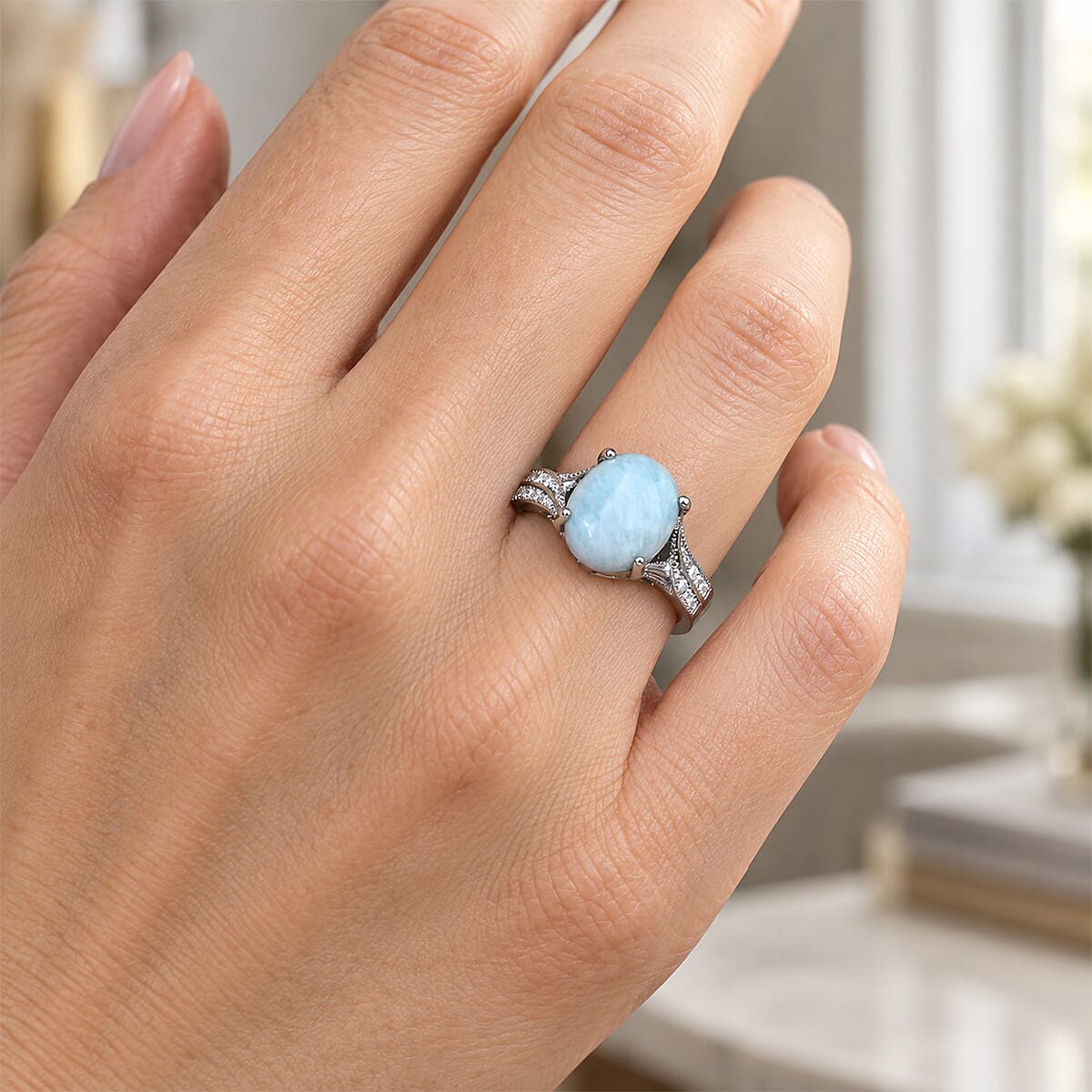 EverTrue Larimar and Moissanite 4.00 ctw Ring in Platinum Bond (Size 11.0)