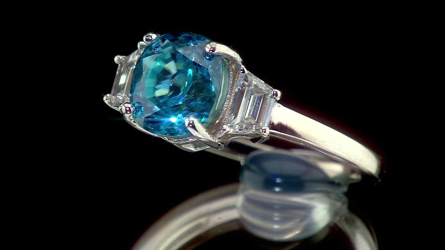 10K White Gold AAA Cambodian Blue Zircon, Luxuriant Lab Grown Diamond (G-H, SI) (0.50 cts) Ring (Size 6.0) 5.50 ctw