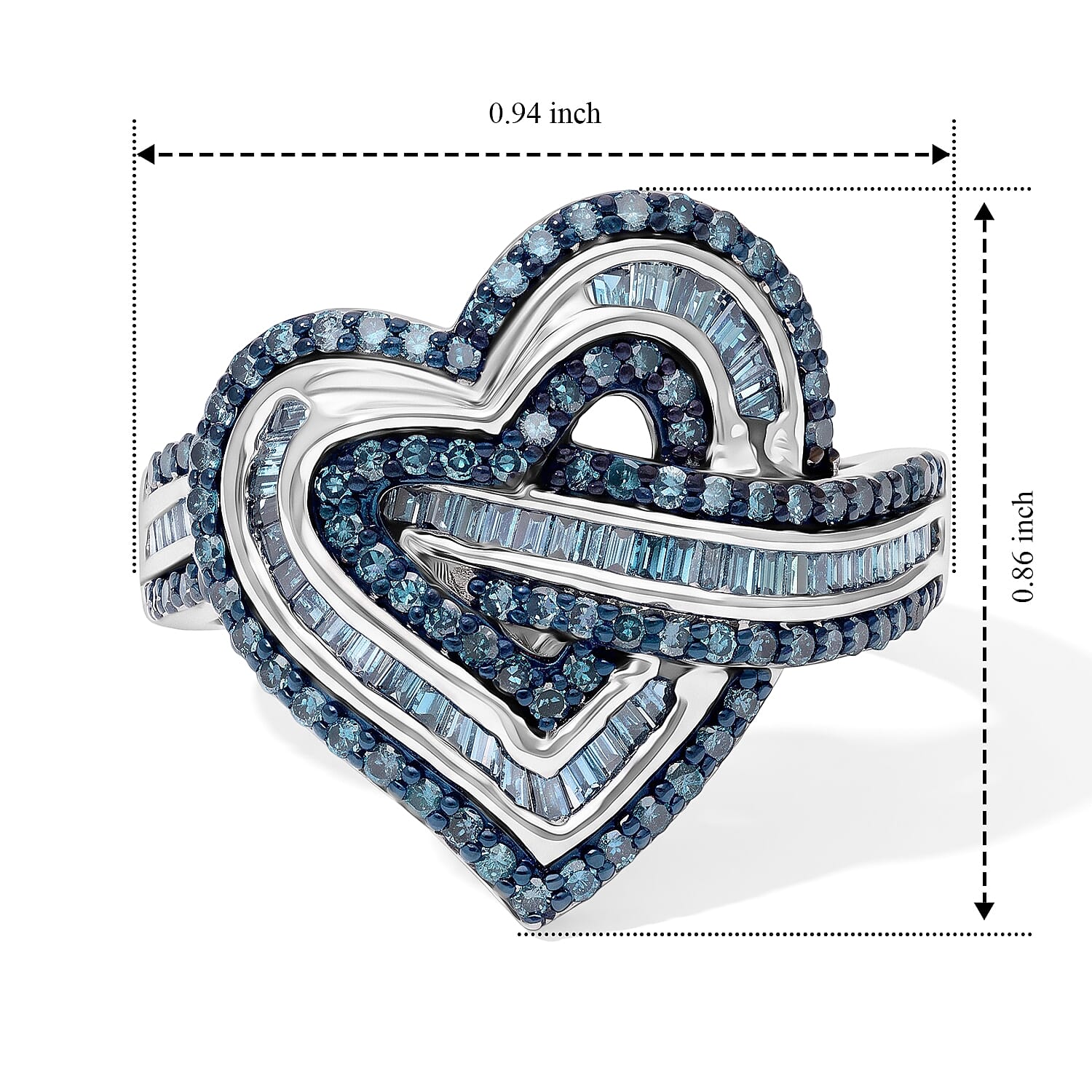 D'Joy Blue Diamond 1.00 ctw Heart Ring in Rhodium Over Sterling Silver (Size 8.0)