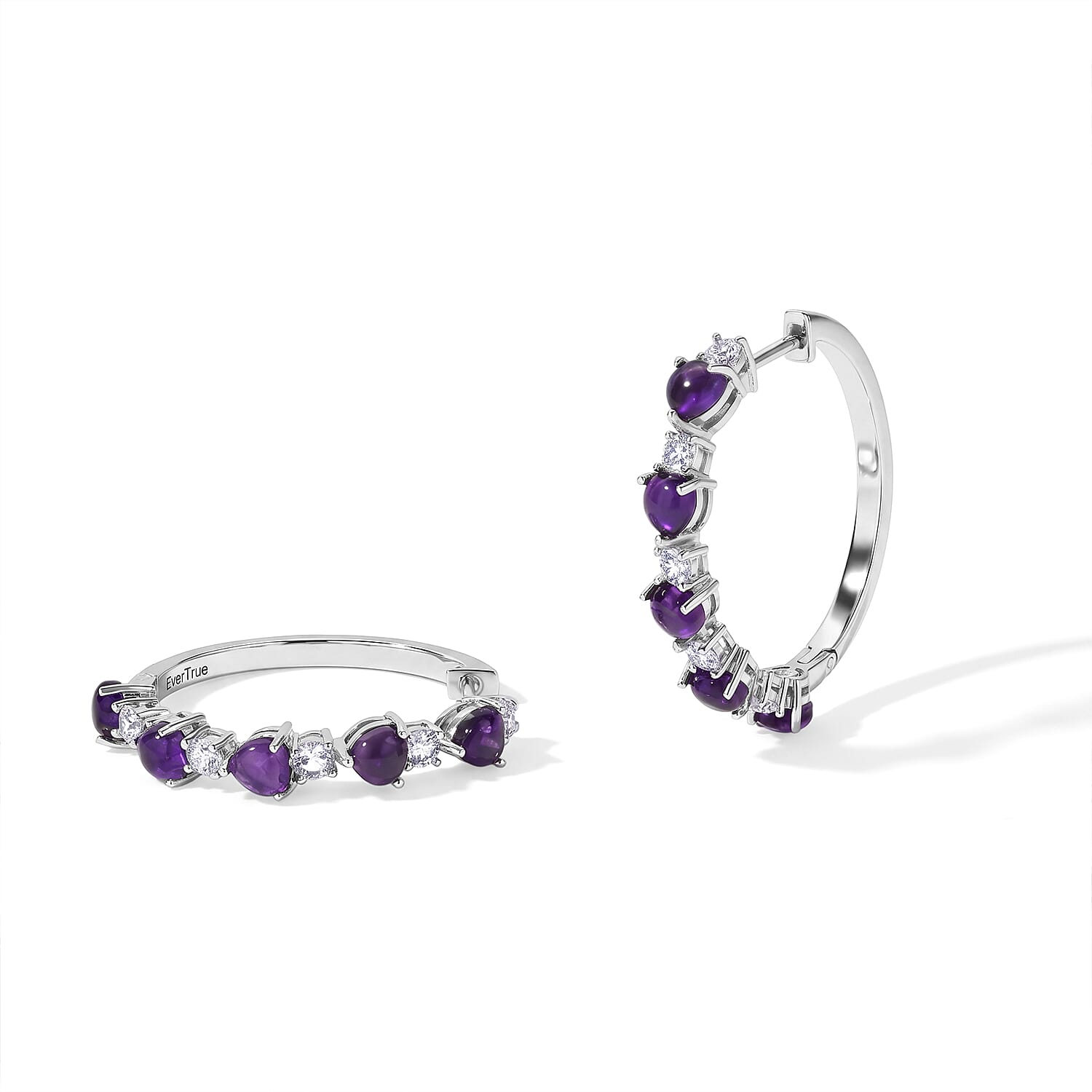 EverTrue Premium African Amethyst, White Topaz Hoop Earrings in Platinum Bond 4.60 ctw