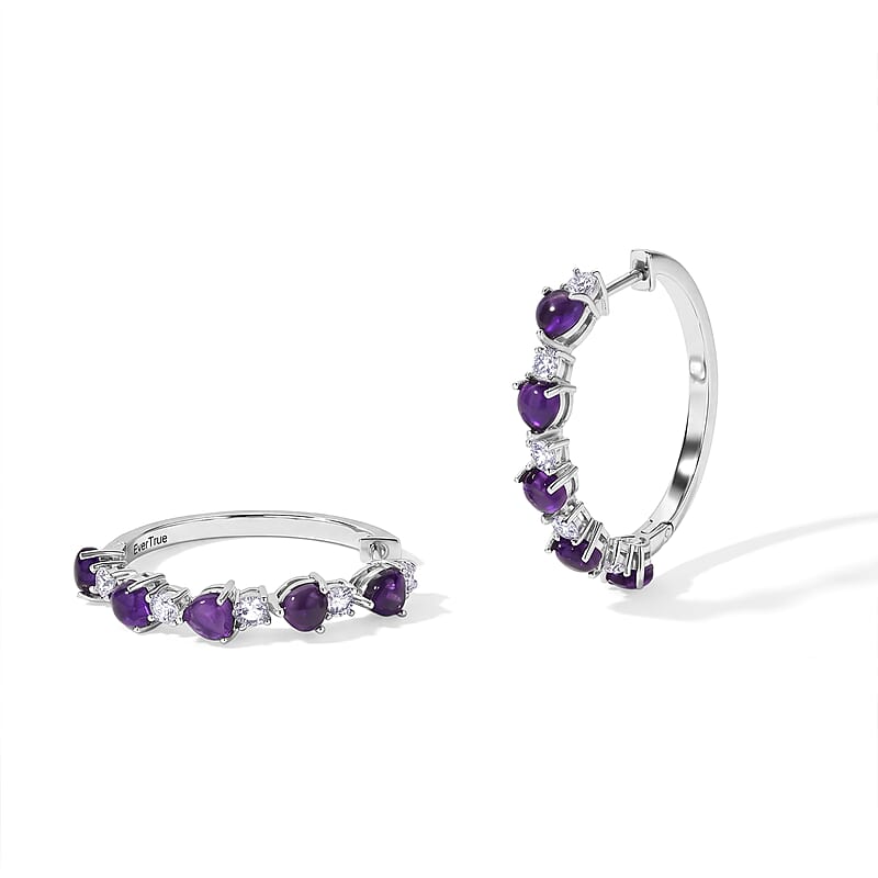 EverTrue Premium African Amethyst and White Topaz 4.60 ctw Hoop Earrings in Platinum Bond