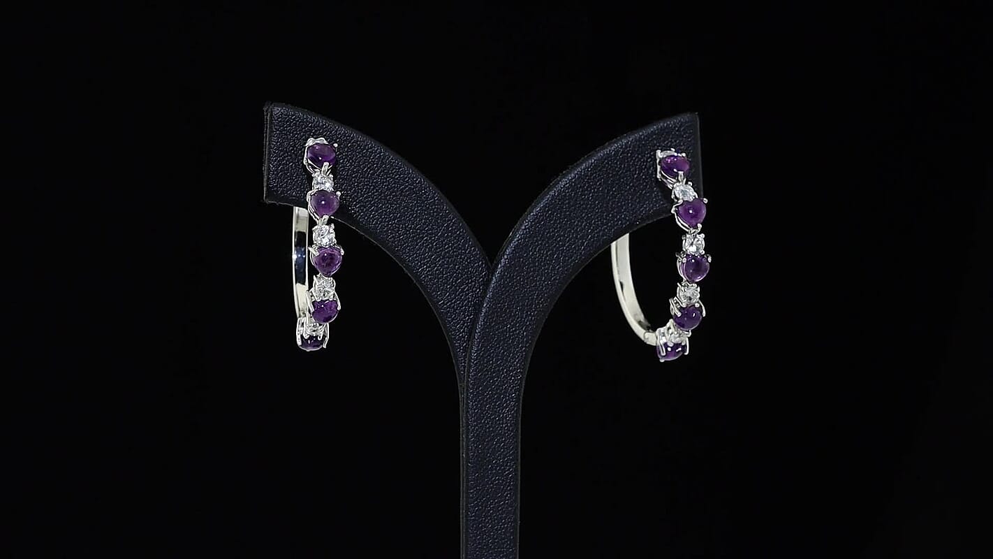 EverTrue Premium African Amethyst, White Topaz Hoop Earrings in Platinum Bond 4.60 ctw
