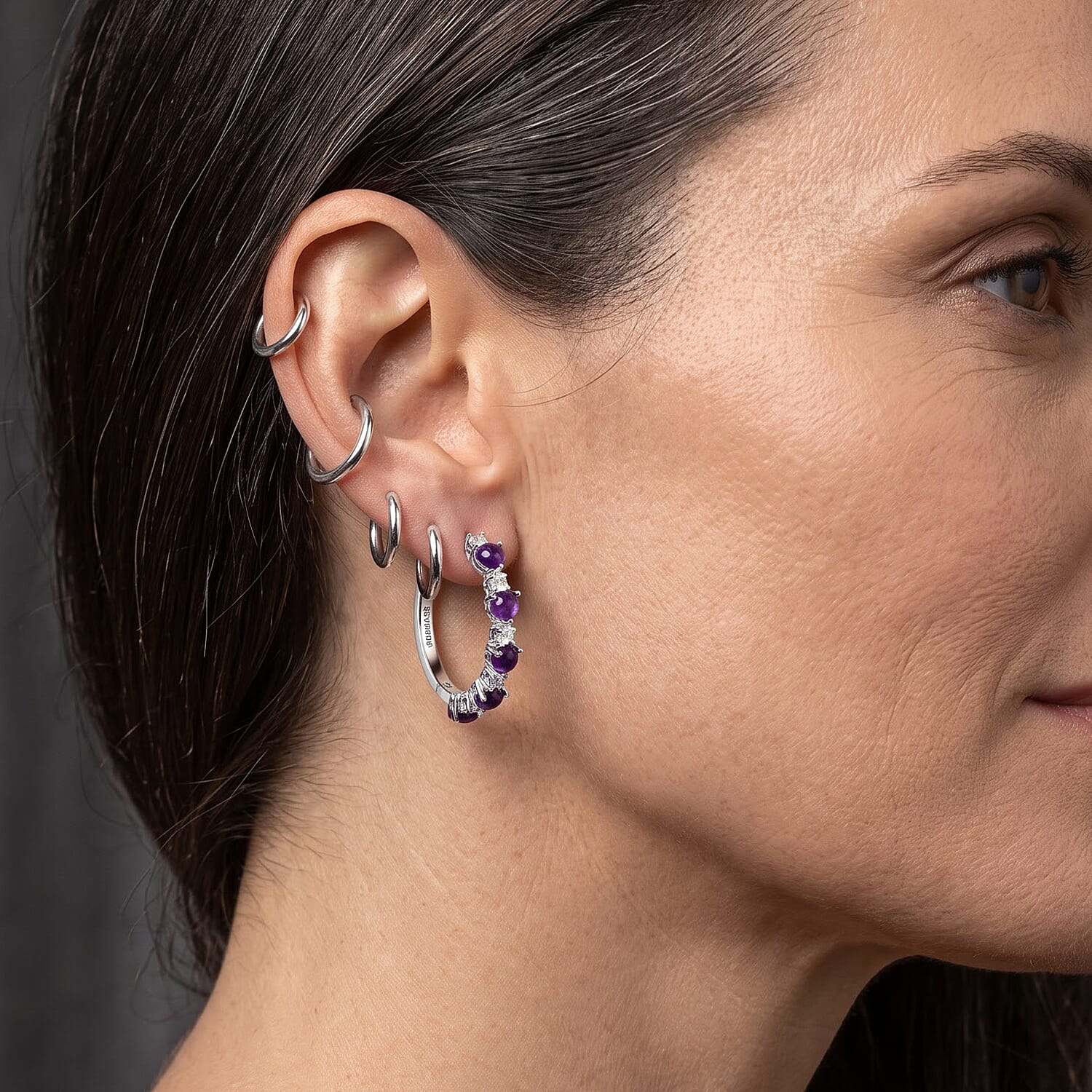 EverTrue Premium African Amethyst and White Topaz 4.60 ctw Hoop Earrings in Platinum Bond