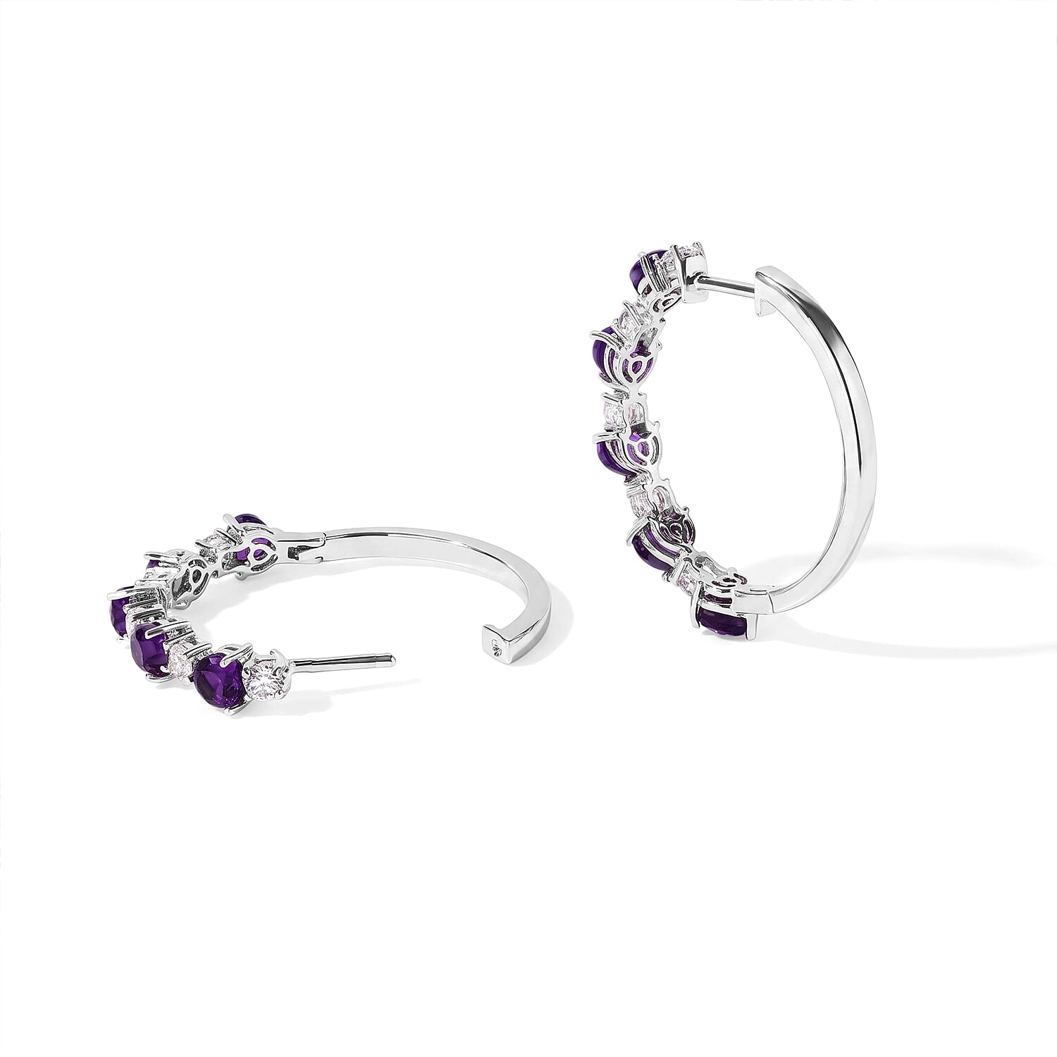 EverTrue Premium African Amethyst and White Topaz 4.60 ctw Hoop Earrings in Platinum Bond