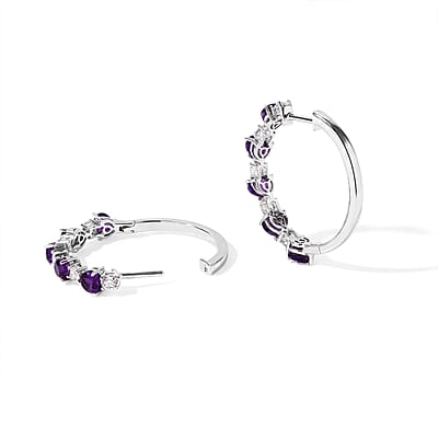 EverTrue Premium African Amethyst and White Topaz 4.60 ctw Hoop Earrings in Platinum Bond