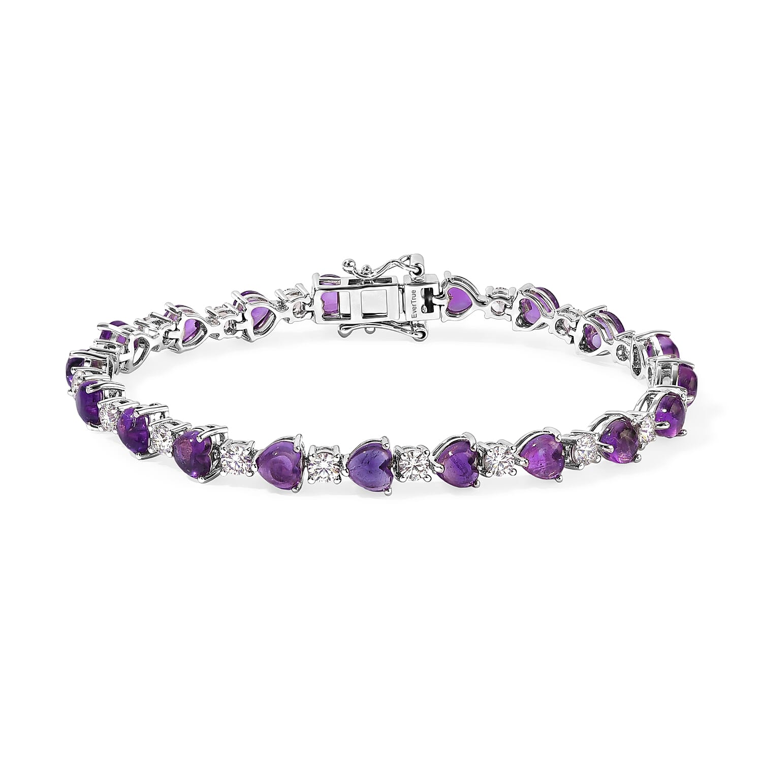 EverTrue African Amethyst and White Topaz 8.65 ctw Heart Victorian Link Bracelet in Platinum Bond (6.50 In)