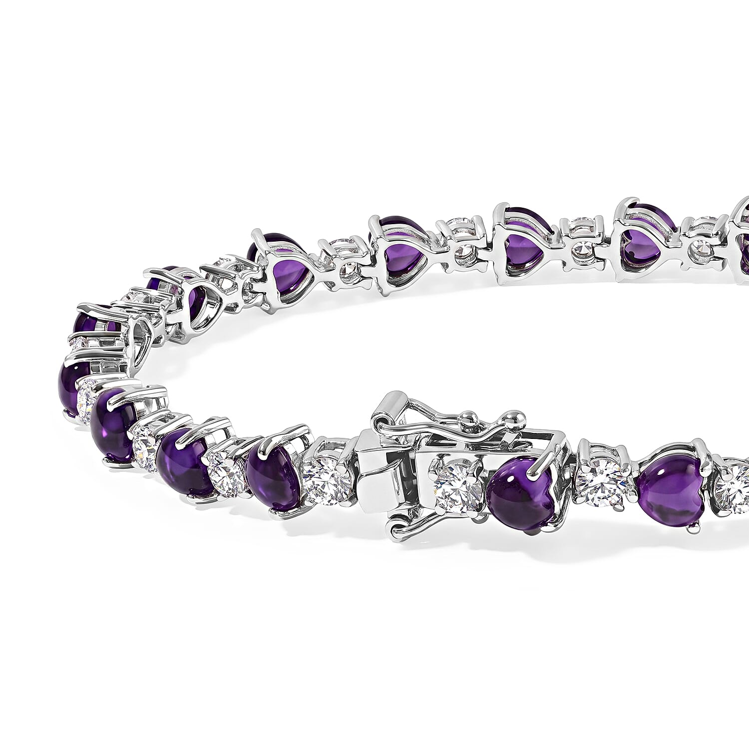 EverTrue African Amethyst and White Topaz 8.65 ctw Heart Victorian Link Bracelet in Platinum Bond (6.50 In)