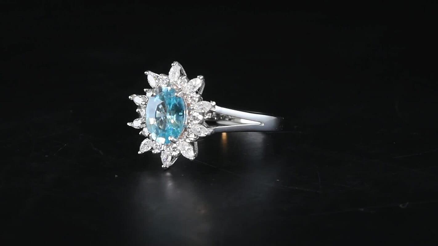 D''Joy Premium Cambodian Blue Zircon, Moissanite Ring in Rhodium Over Sterling Silver (Size 10.0) 2.65 ctw