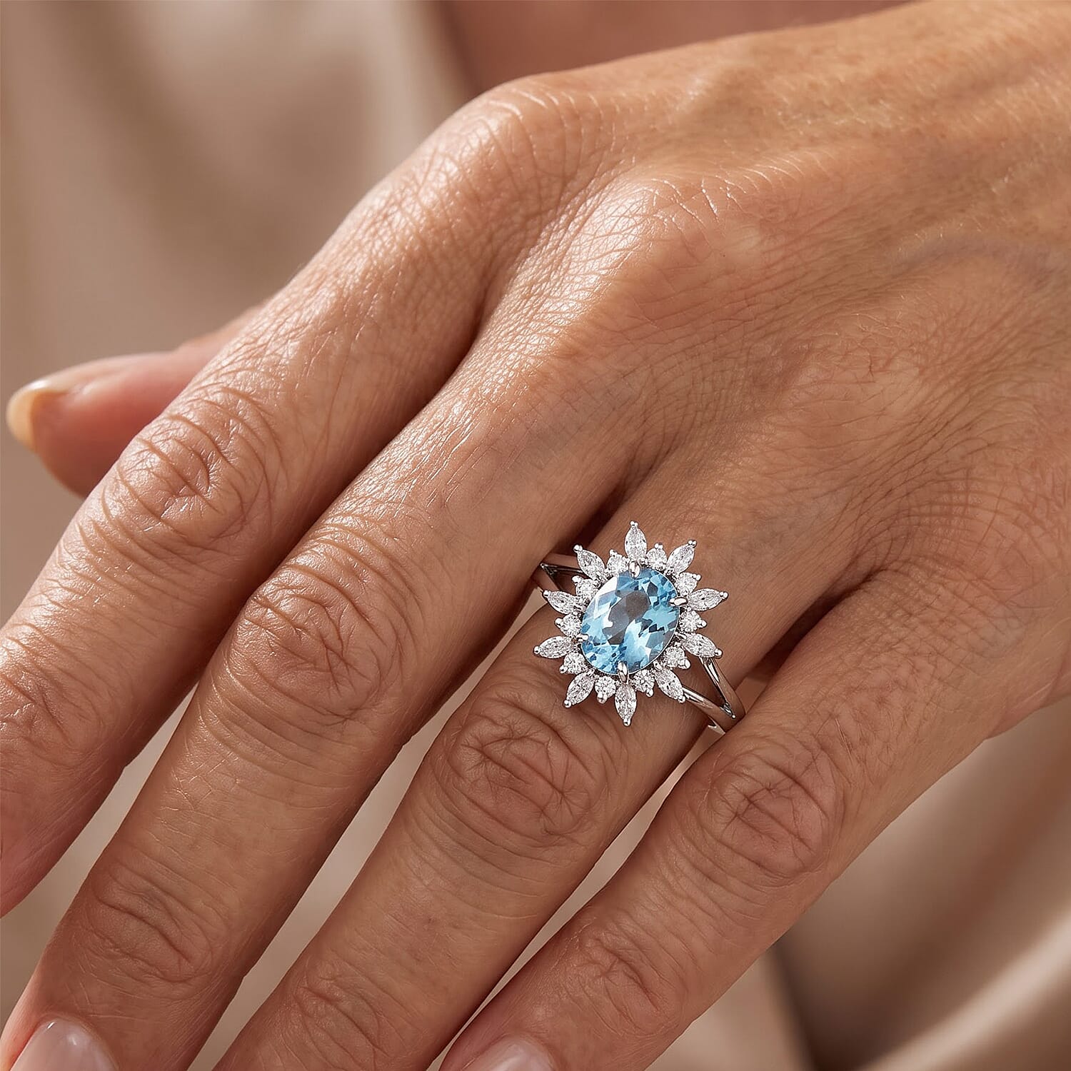 D'Joy Premium Cambodian Blue Zircon and Moissanite 2.65 ctw Blue Fire Starburst Bloom Ring in Rhodium Over Sterling Silver (Size 7.0)