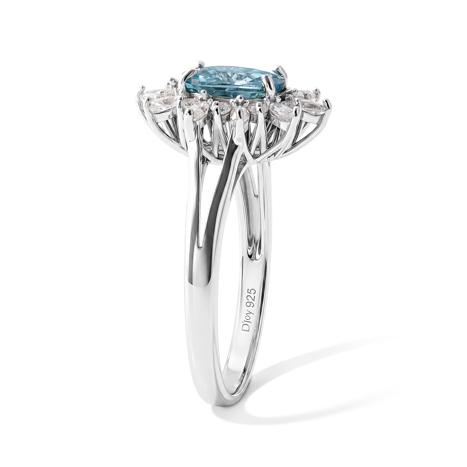 D'Joy Premium Cambodian Blue Zircon and Moissanite 2.65 ctw Blue Fire Starburst Bloom Ring in Rhodium Over Sterling Silver (Size 7.0)