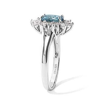 D'Joy Premium Cambodian Blue Zircon and Moissanite 2.65 ctw Blue Fire Starburst Bloom Ring in Rhodium Over Sterling Silver (Size 7.0)
