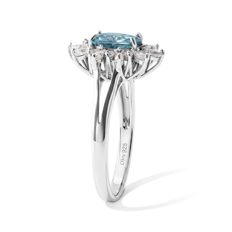 D'Joy Premium Cambodian Blue Zircon and Moissanite 2.65 ctw Blue Fire Starburst Bloom Ring in Rhodium Over Sterling Silver (Size 7.0)