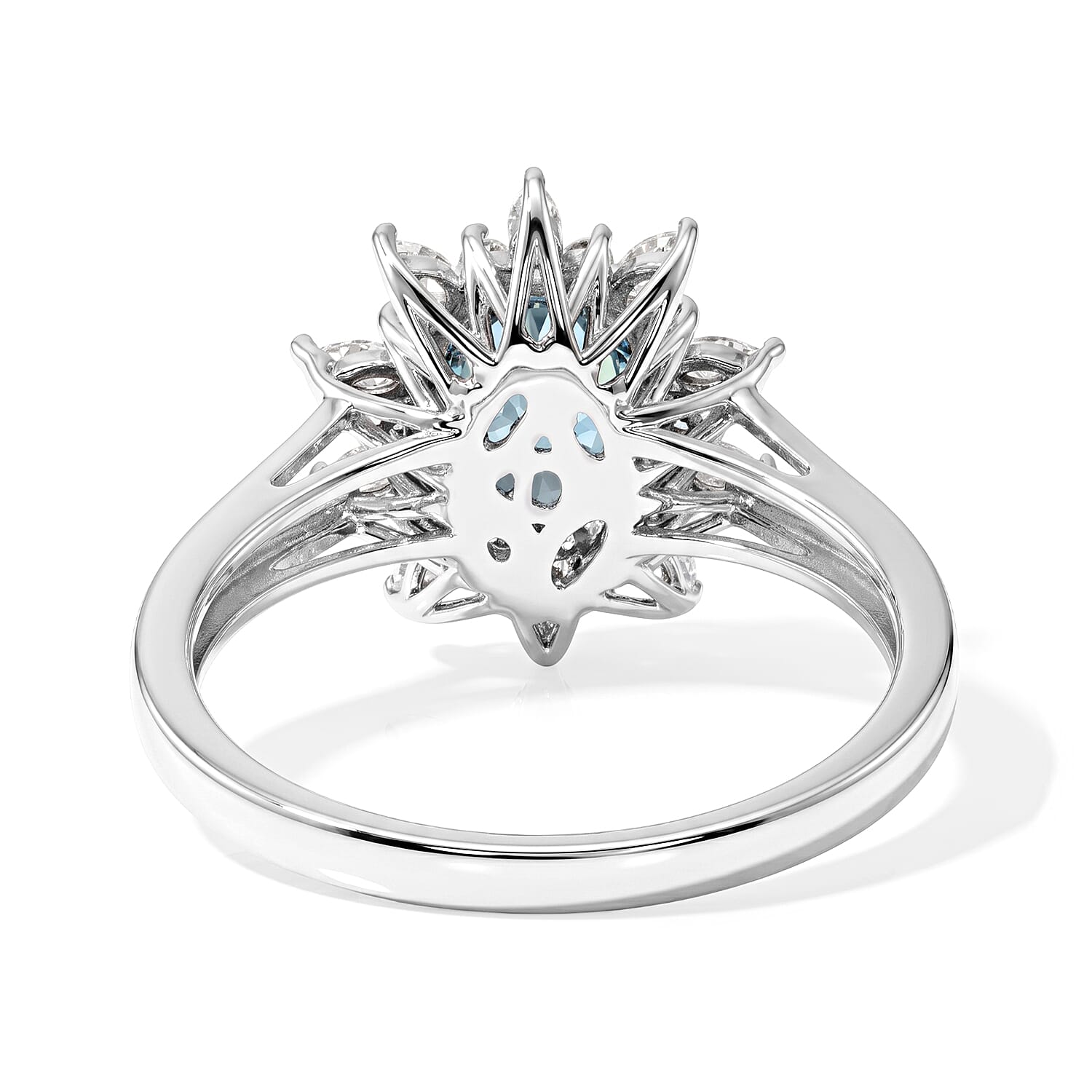 D'Joy Premium Cambodian Blue Zircon and Moissanite 2.65 ctw Blue Fire Starburst Bloom Ring in Rhodium Over Sterling Silver (Size 7.0)