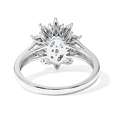 D'Joy Premium Cambodian Blue Zircon and Moissanite 2.65 ctw Blue Fire Starburst Bloom Ring in Rhodium Over Sterling Silver (Size 7.0)