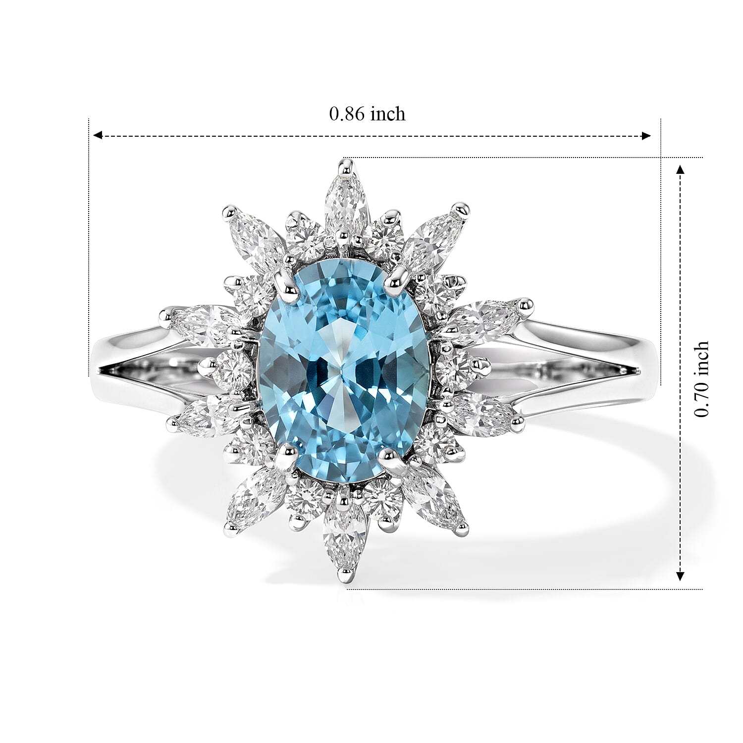 D'Joy Premium Cambodian Blue Zircon and Moissanite 2.65 ctw Blue Fire Starburst Bloom Ring in Rhodium Over Sterling Silver (Size 7.0)