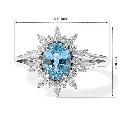 D'Joy Premium Cambodian Blue Zircon and Moissanite 2.65 ctw Blue Fire Starburst Bloom Ring in Rhodium Over Sterling Silver (Size 7.0)