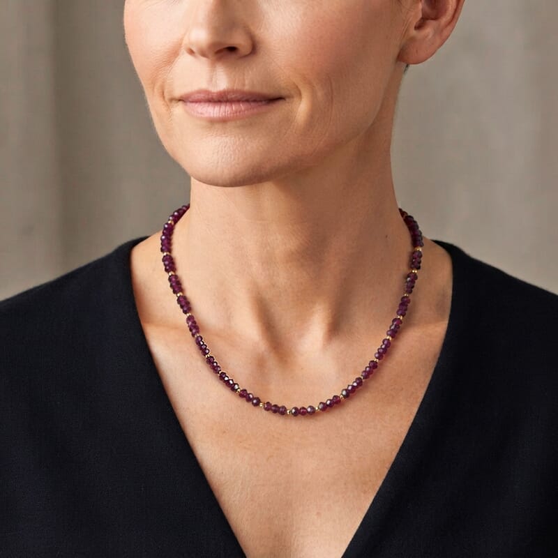 D'Joy Premium Radiant Ember Garnet 80.00 ctw Beaded Necklace (18-20 Inches) in 18K Vermeil Yellow Gold Over Sterling Silver