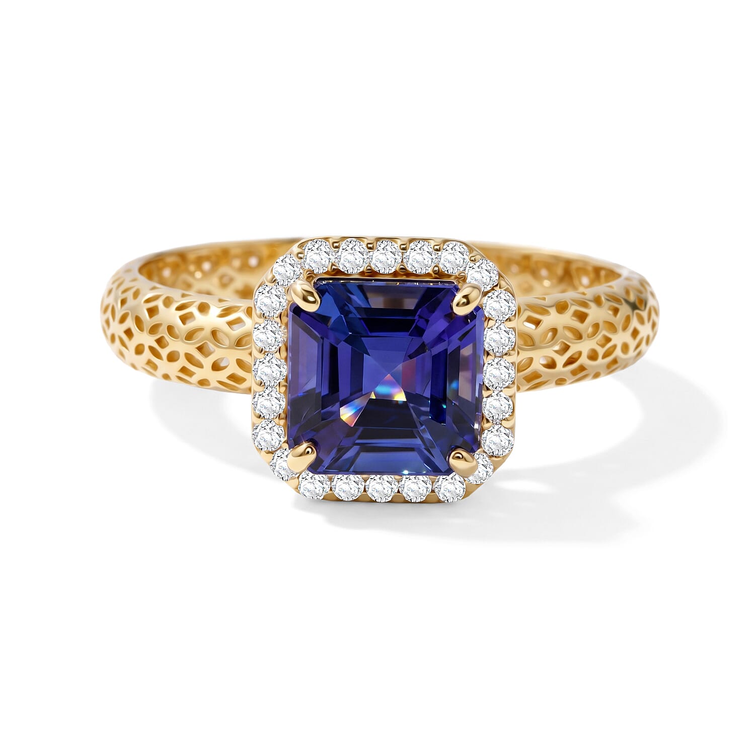 Mirage Collection Premium Asscher Cut Tanzanite and Diamond I2 1.75 ctw Ring in 10K Yellow Gold (Size 6.0)