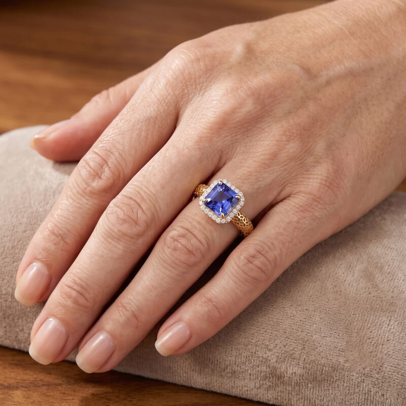 Mirage Collection Premium Asscher Cut Tanzanite and Diamond I2 1.75 ctw Ring in 10K Yellow Gold (Size 6.0)