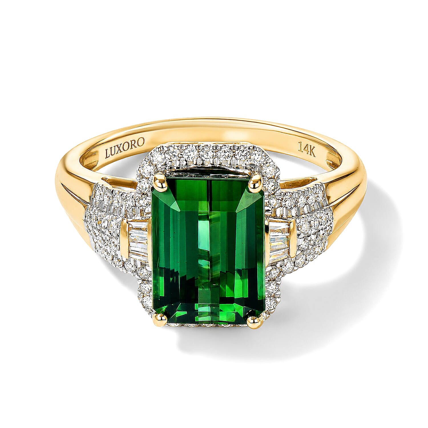 Luxoro 14K Yellow Gold AAA Sapo Green Tourmaline, Diamond (I2) (0.60 cts) Ring (Size 6.0) 5.30 ctw