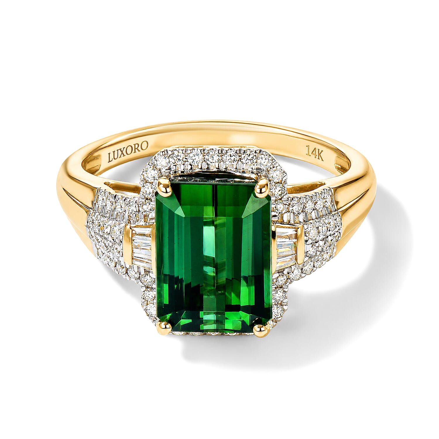 Luxoro AAA Sapo Green Tourmaline and Diamond I2 5.30 ctw Midnight Horizon Ring in 14K Yellow Gold (Size 7.0)