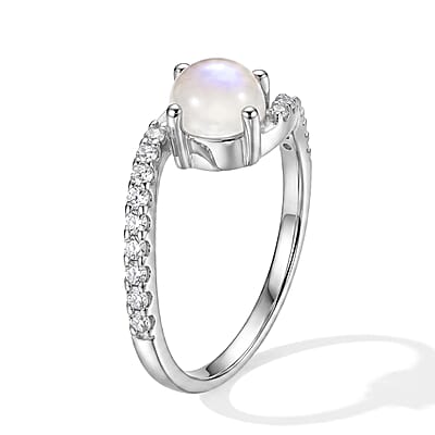White Moonstone and Simulated Diamond 0.72 ctw Ring in Sterling Silver (Size 8.0)