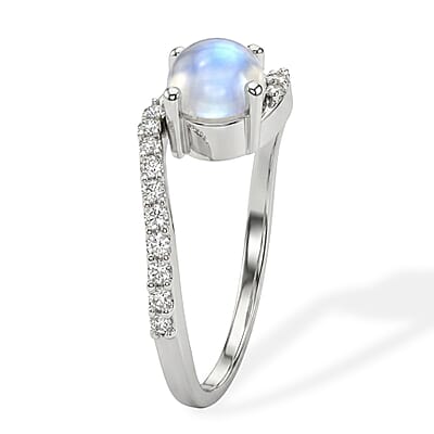 White Moonstone and Simulated Diamond 0.72 ctw Ring in Sterling Silver (Size 8.0)