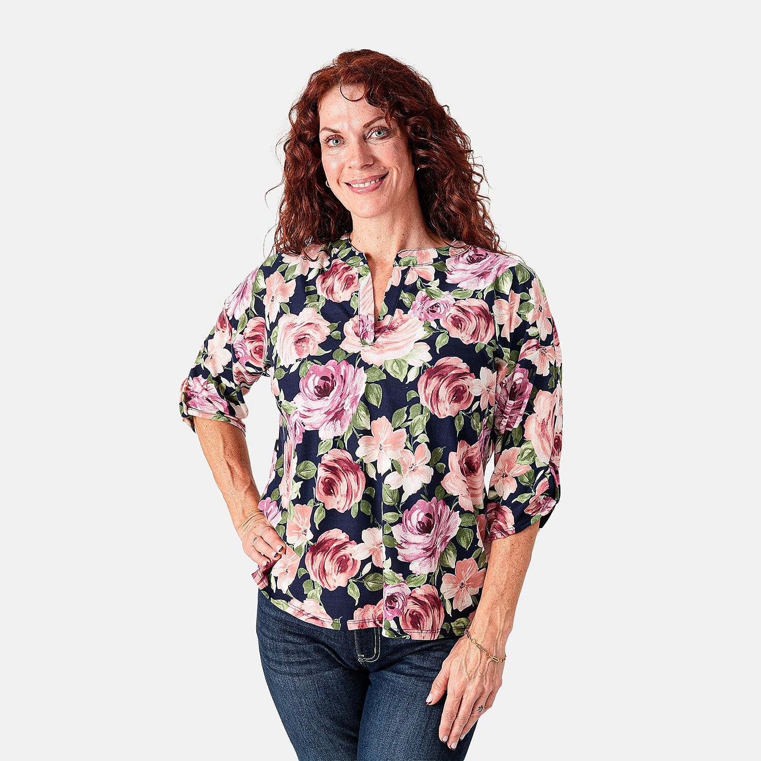 White Lily Black Floral Split NK Roll Tab Sleeve Top - 1X