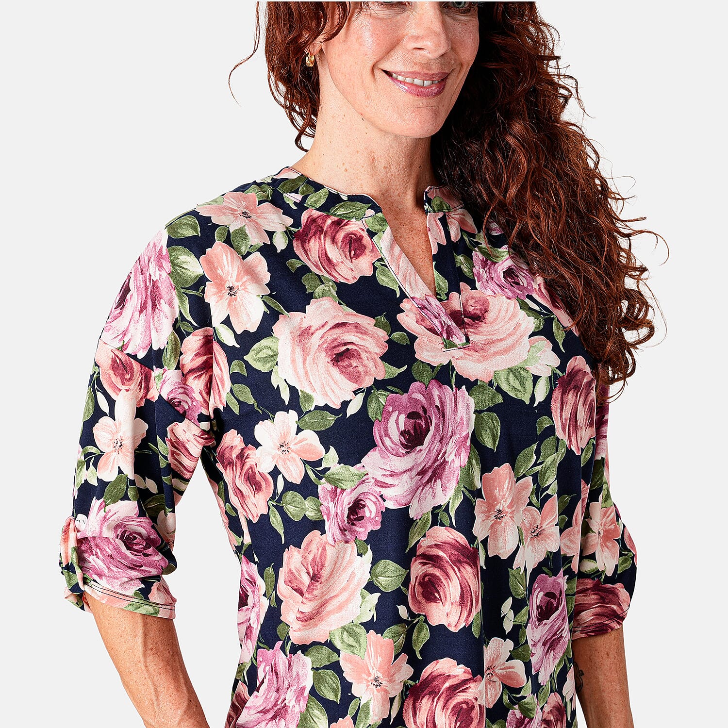White Lily Black Floral Split NK Roll Tab Sleeve Top - 1X