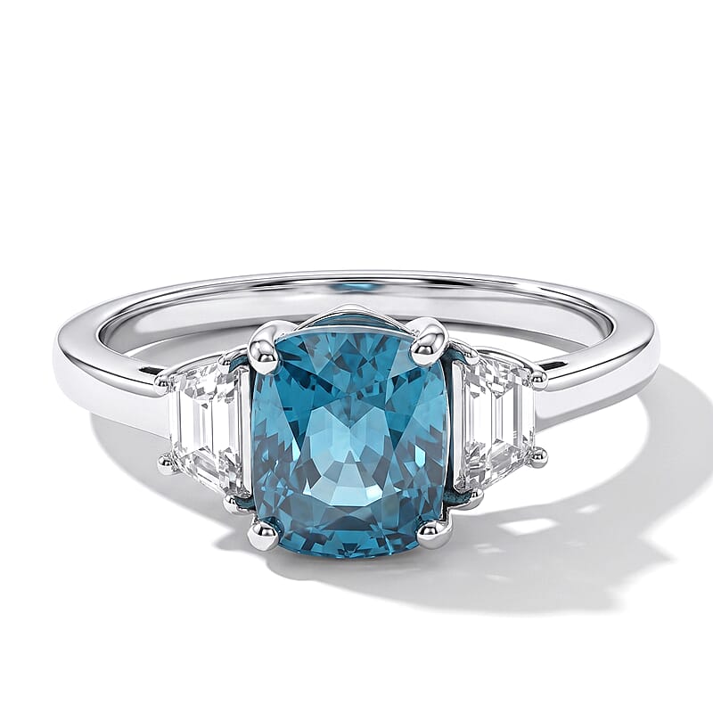 AAA Cambodian Blue Zircon and Luxuriant Lab Grown Diamond G-H SI 5.50 ctw Blue Fire Grand Radiance Ring in 10K White Gold (Size 8.0)