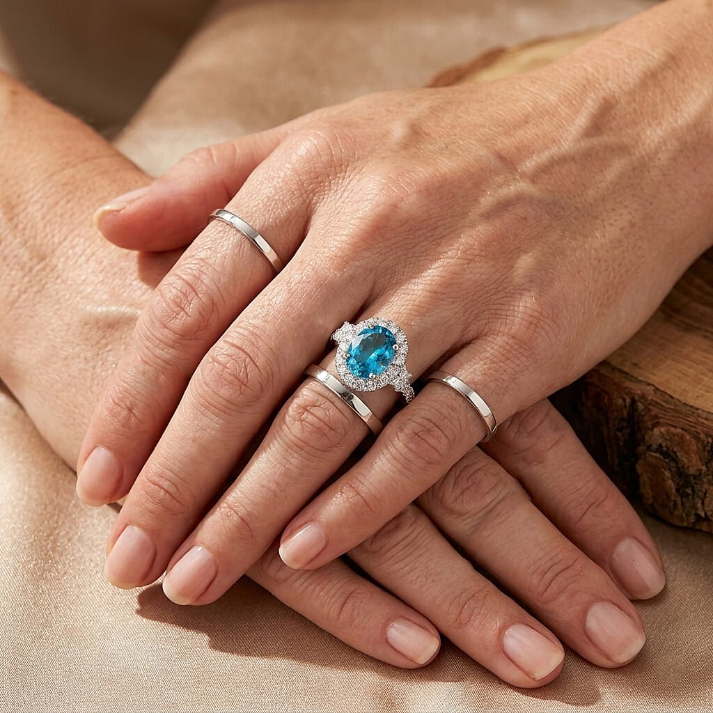 D'Joy Certified & Appraised Paraiba Betroka Blue Apatite and Moissanite 2.50 ctw Ring in Rhodium Over Sterling Silver (Size 6.0)