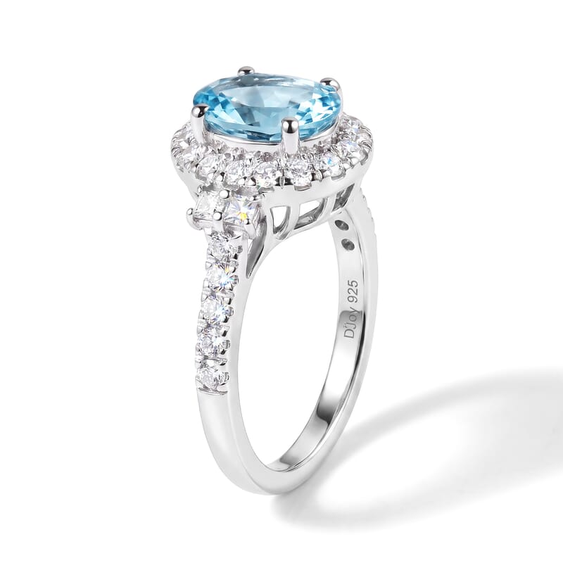 D'Joy Certified & Appraised Paraiba Betroka Blue Apatite and Moissanite 2.50 ctw Ring in Rhodium Over Sterling Silver (Size 6.0)