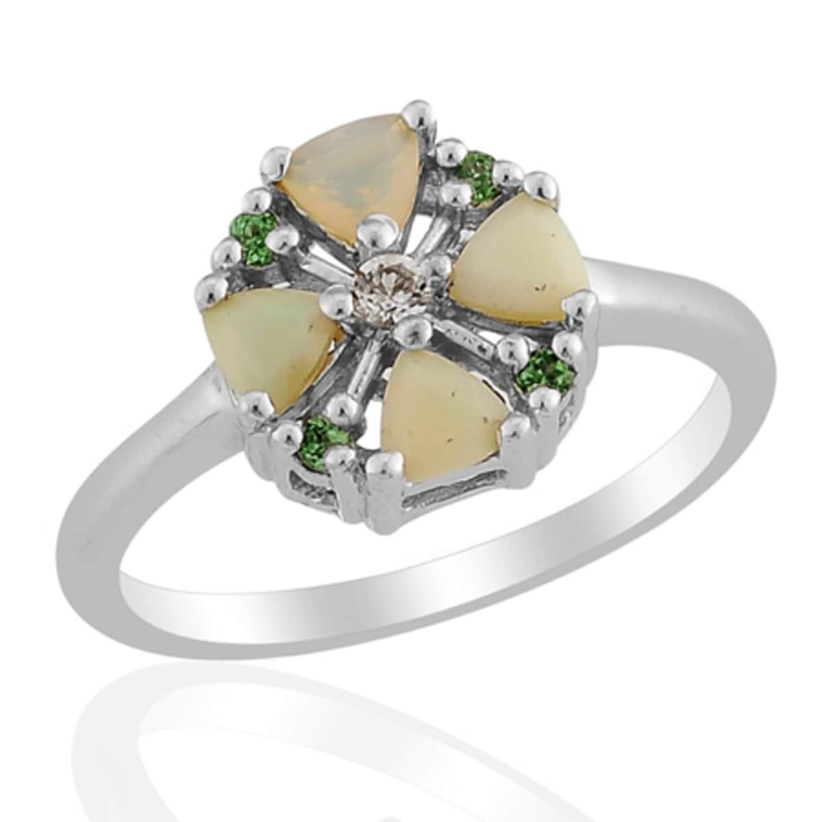 Ethiopian Welo Opal (Trl), Tsavorite Garnet, White Topaz Ring in Platinum Overlay Sterling Silver (Size 7.0) 1.62 ctw image number 0