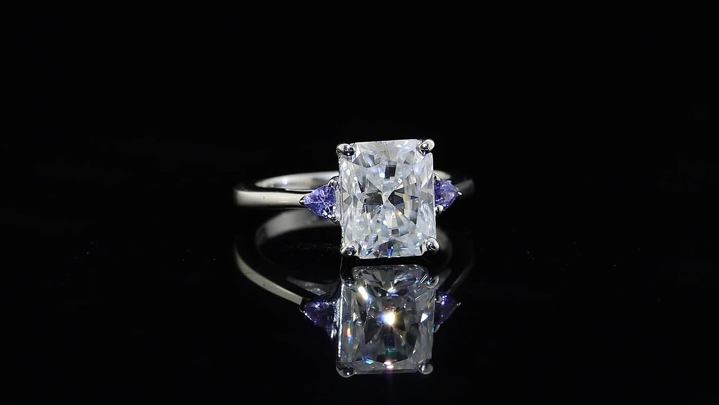 D''Joy Moissanite and Tanzanite 3.80 ctw Ring in Rhodium Over Sterling Silver (Size 7.0)