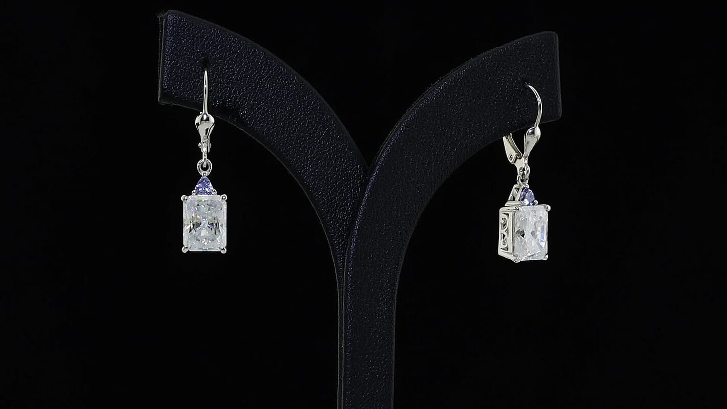 D''Joy Moissanite & Tanzanite 5.35 ctw Earrings in Rhodium Plating Over Sterling Silver