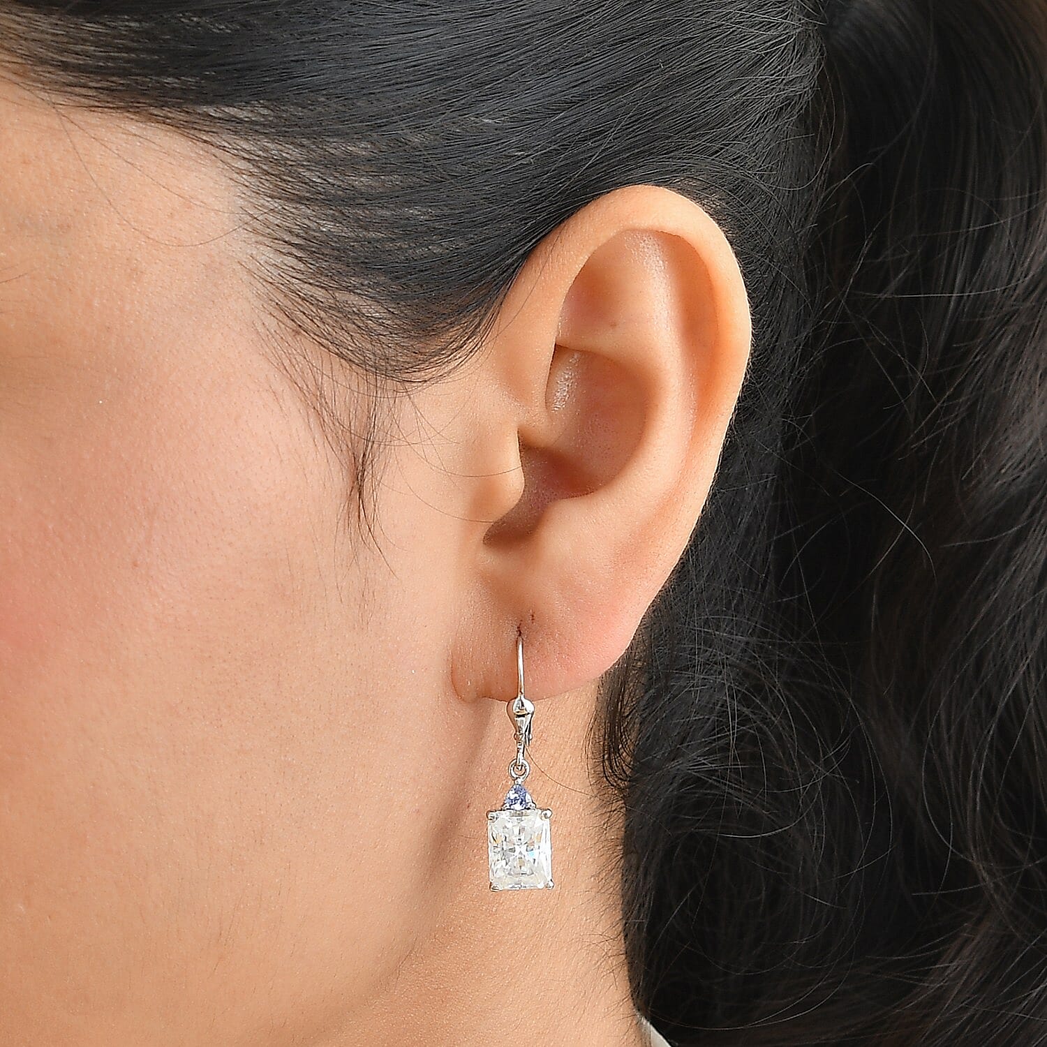 D'Joy Moissanite and Tanzanite 5.35 ctw Earrings in Rhodium Over Sterling Silver