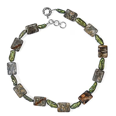 EverTrue Green Pearl (D) and Moss Agate 174.00 ctw Necklace (18-19 Inches) in Platinum Bond