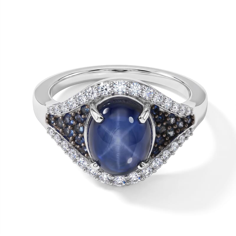 D'Joy Premium Blue Star Sapphire (DF) and Multi Gemstone 5.25 ctw Ring in Rhodium Over Sterling Silver (Size 6.0)