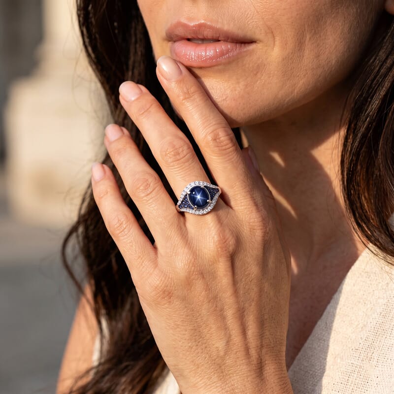 D'Joy Premium Blue Star Sapphire (DF) and Multi Gemstone 5.25 ctw Ring in Rhodium Over Sterling Silver (Size 6.0)