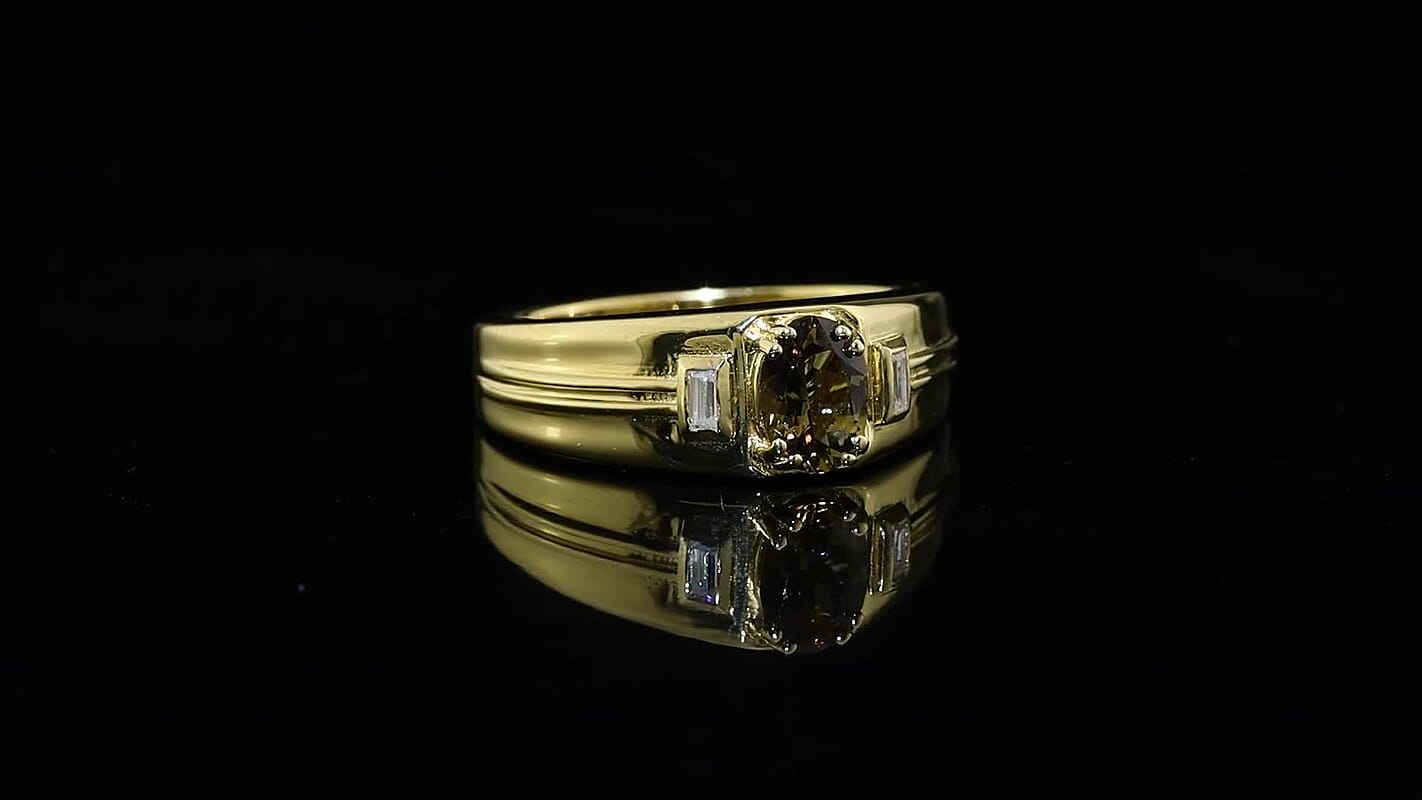 D''Joy Premium Golden Tanzanite and Moissanite 1.15 ctw Men''s Ring in 18K Vermeil Yellow Gold Over Sterling Silver (Size 10.0)