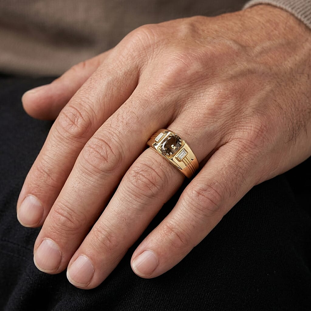 D'Joy Premium Golden Tanzanite and Moissanite 1.15 ctw Men's Ring in 18K Vermeil Yellow Gold Over Sterling Silver (Size 9.0)