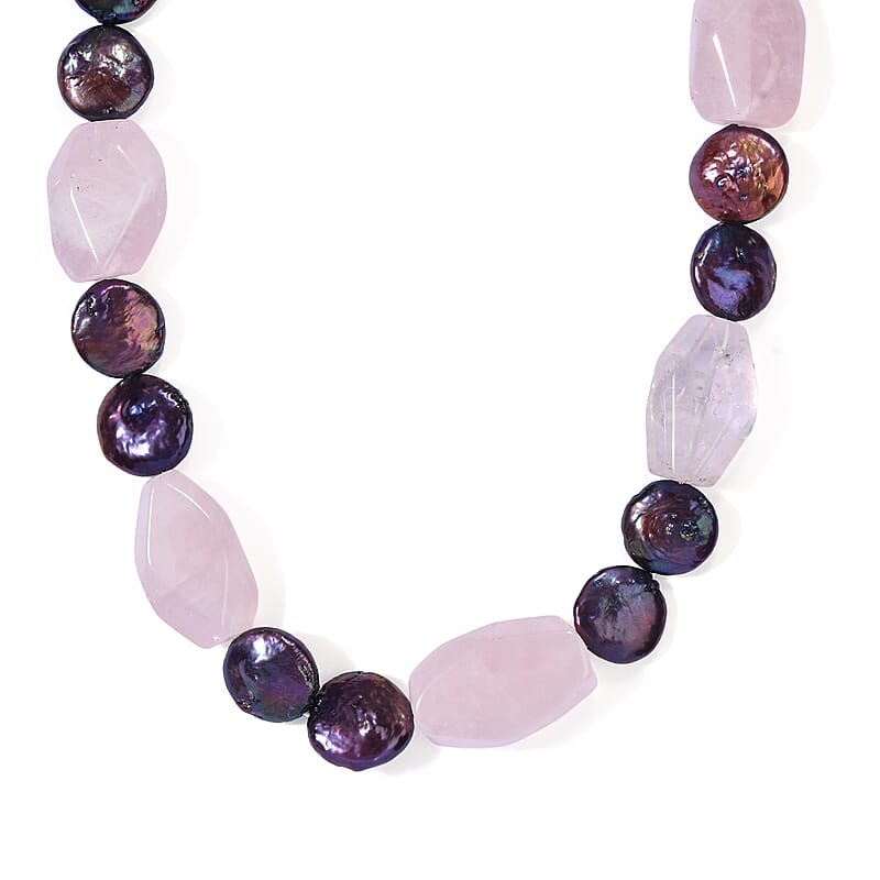 EverTrue Galilea Rose Quartz 195.00 ctw and Peacock Pearl (D) Necklace (18-19 Inches) in Platinum Bond