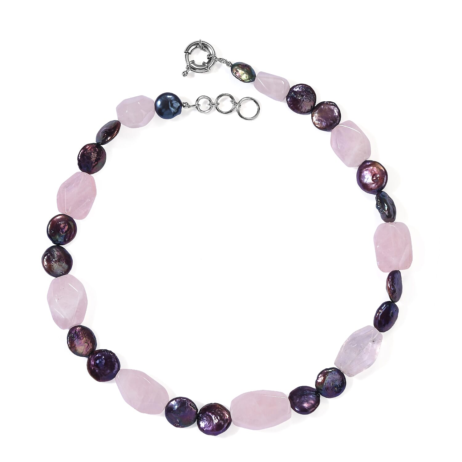 EverTrue Galilea Rose Quartz 195.00 ctw and Peacock Pearl (D) Necklace (18-19 Inches) in Platinum Bond