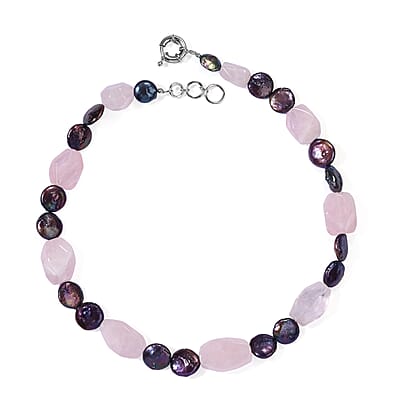EverTrue Galilea Rose Quartz 195.00 ctw and Peacock Pearl (D) Necklace (18-19 Inches) in Platinum Bond