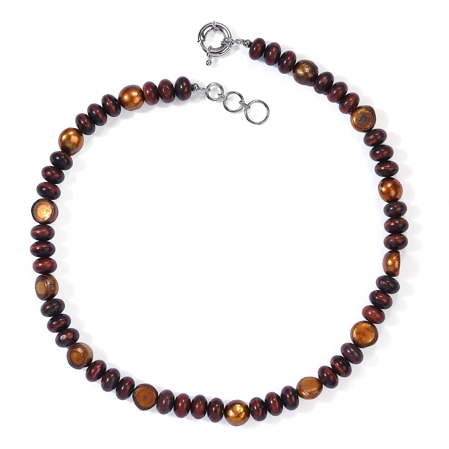 EverTrue Red Tiger Eye 183.00 ctw and Bronze Pearl (D) Necklace (18-19 Inches) in Platinum Bond