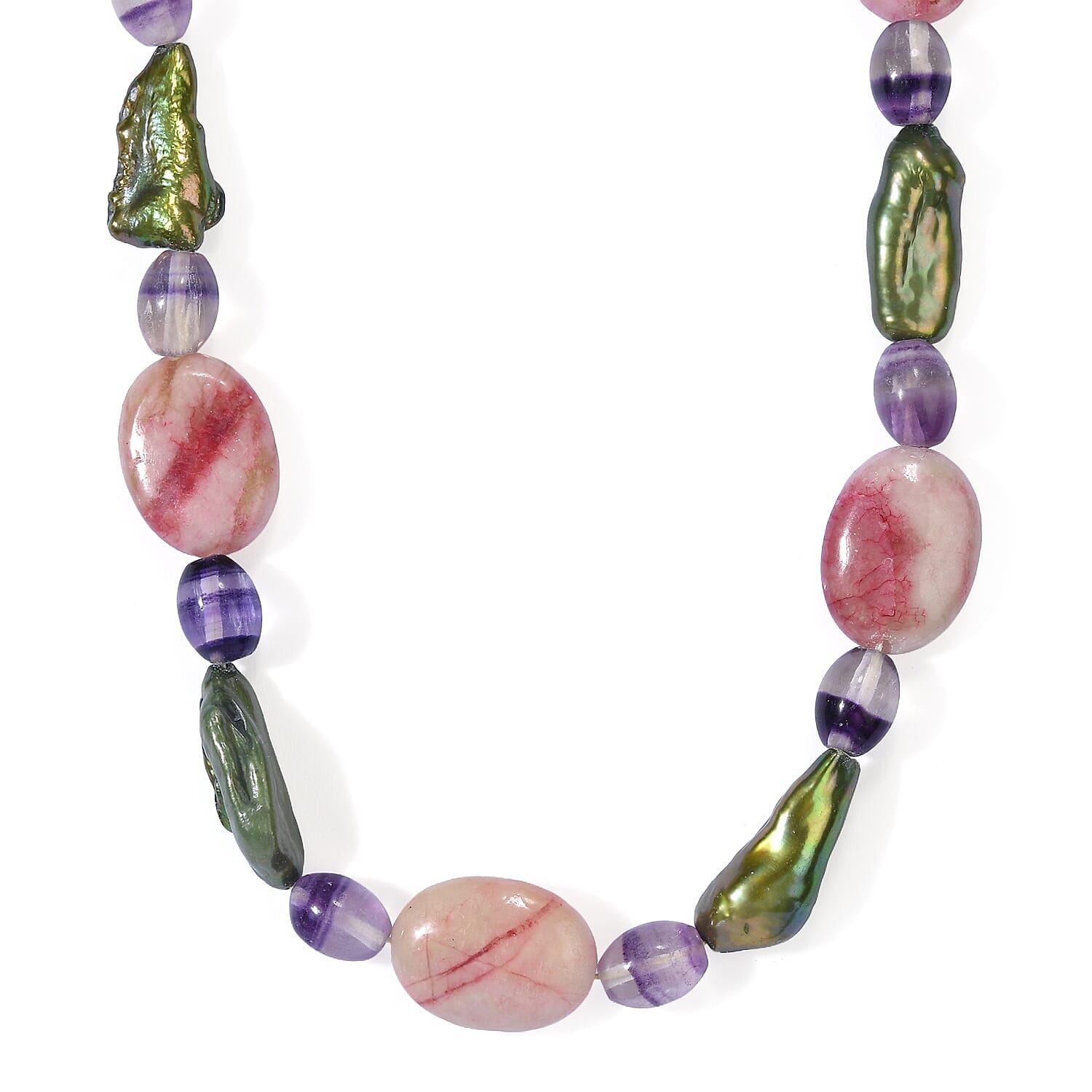 EverTrue Green Pearl (D), Fluorite and Crazy Lace Jasper 165.00 ctw Necklace (18-19 Inches) in Platinum Bond