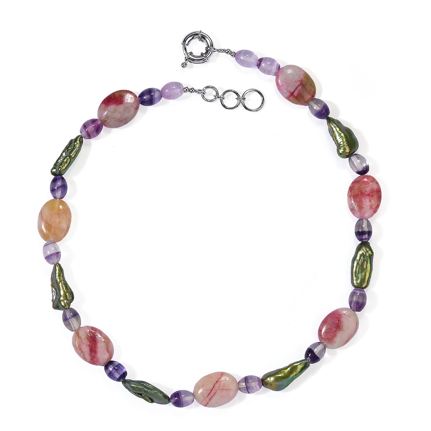 EverTrue Green Pearl (D), Fluorite and Crazy Lace Jasper 165.00 ctw Necklace (18-19 Inches) in Platinum Bond